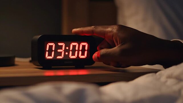 Close up of a hand reaching out to turn off a digital alarm clock showing 3:00 AM in a dark bedroom