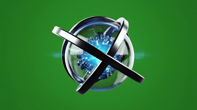 A 3D rendered graphic featuring an orb with an abstract inside, intersected by crossing metallic bands