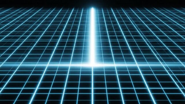 Glowing blue grid lines extend into the distance with a bright light beam