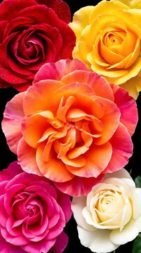 Animation of colorful roses blooming in corners and center revealing bright orange flower on black. 4k Resolution Video. Vertical Video 30FPS.