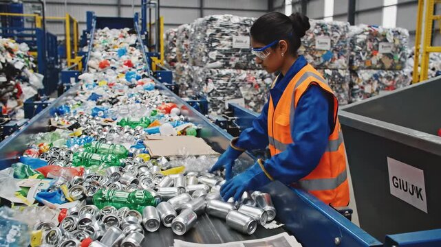 Female worker sorts aluminum cans on conveyor belt at recycling plant with bales of compressed plastic in background industrial setting natural lighting