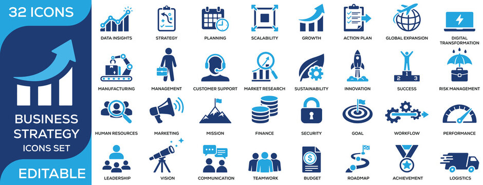 Business strategy solid icon set featuring growth, planning, scalability, leadership, innovation, finance, marketing, and performance. Flat vector icons for corporate and management projects.