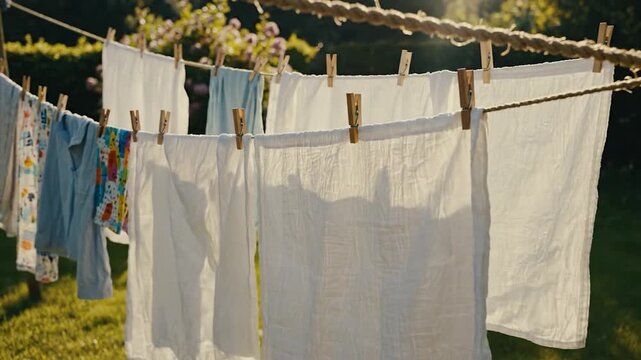 Freshly washed laundry drying on a clothesline in a sunny outdoor garden