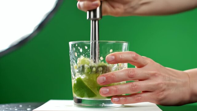 Bartender Hands Muddling Fresh Lime Slices in a Clear Glass with Water Splashing Against a Vibrant Green Screen Background in Dynamic Close Up Shot