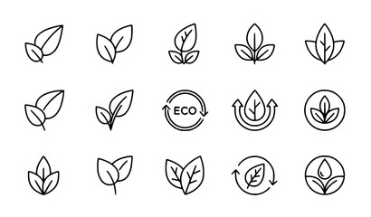 Fototapeta premium Minimal Eco Leaf Outline Icons Monoline Botanical Symbol Collection Isolated on White Background