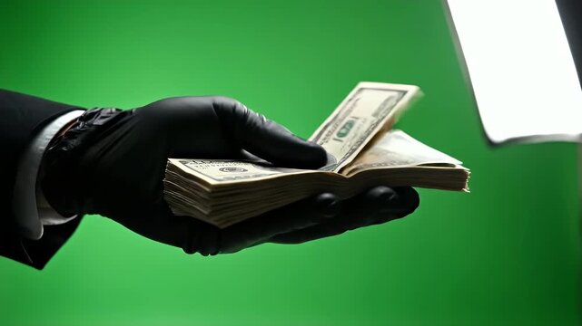 Black Gloved Hand Offers Stack of Dollar Bills on Green Screen Background With Bright Spotlight Overhead