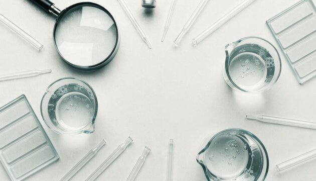 Flat lay of laboratory glassware, pipettes, and a magnifying glass lab validation background