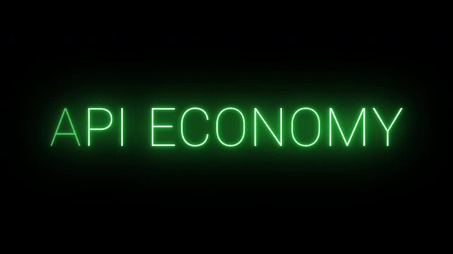 Flickering neon green glowing api economy sign animated black background.