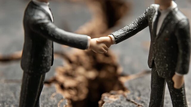 Two businessmen shaking hands with cracks, Failed negotiations, Broken agreement concept