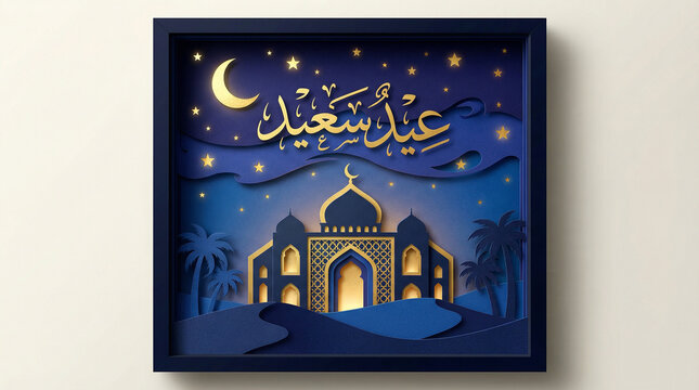 Layered Paper Cut Art Eid Saeed Arabic Text "عيد سعيد" with Mosque and Stars Night Concept