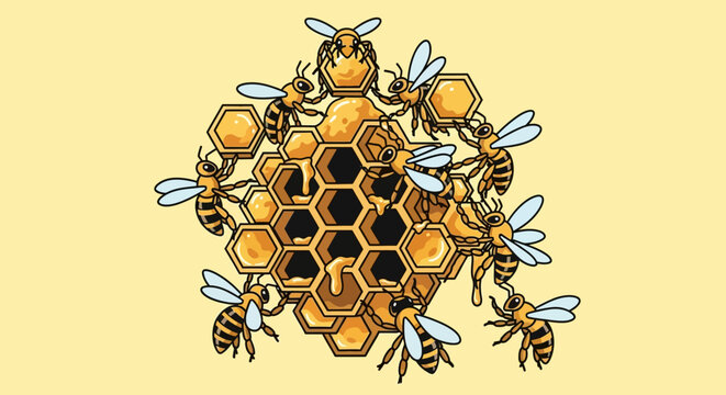 Cartoon Bees Constructing a Honeycomb with Dripping Honey.