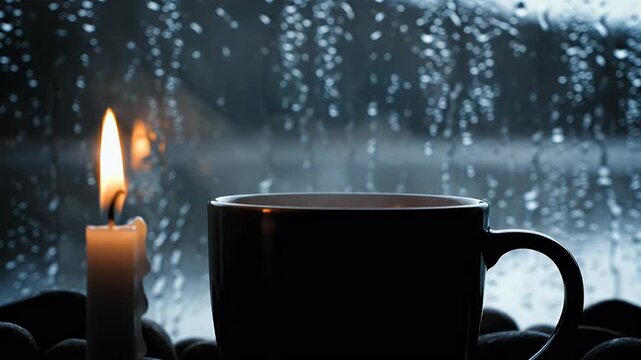 A steaming cup of coffee sits beside a lit candle on a rainy day