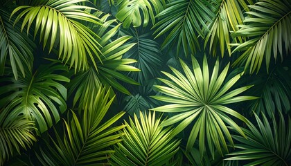 Obraz premium Lush tropical foliage, showcasing various green palm and monstera leaves