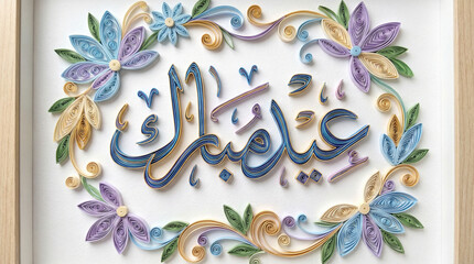 Intricate Paper Quilling Art Arabic Text "عيد مبارك" Eid Mubarak with Colorful Floral Patterns