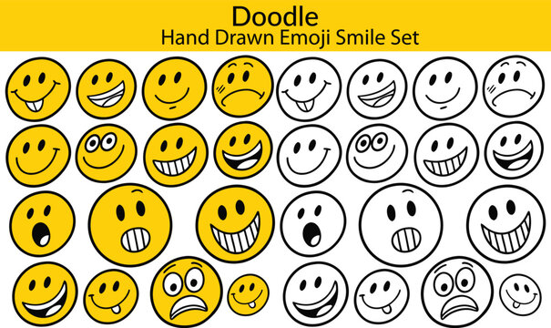 Doodle Emoji face icon set. Hand drawn sketch style. Emoji with different emotion mood, happy, sad, smile face. Comic line art vector illustration.
