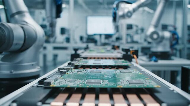 Manufacturing process of electronic circuit boards in a modern factory.