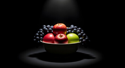 Fototapeta premium A dramatic still life featuring red and green apples with dark blue grapes in a bowl