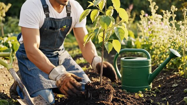 Man Kneeling Planting Small Tree in Garden Soil Wearing Denim Overalls and White T-shirt Gentle Sunlight
