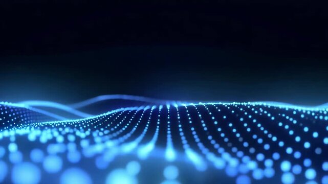 Radiant blue dot matrix field pulses with a steady wave movement across a dark void for use in advanced tech backgrounds.