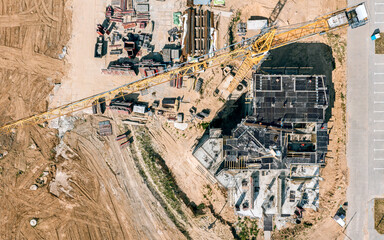 aerial view of construction site. assembling a rebar steel reinforcement cage.