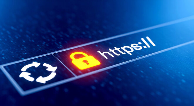 Secure HTTPS padlock icon glowing on digital URL bar with blue cyber background