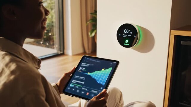 Woman Controls Smart Home Thermostat With Digital Tablet Showing Energy Consumption Graph Indoors