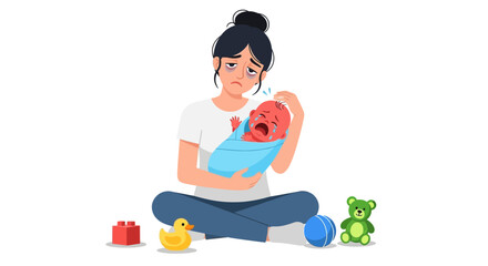 Exhausted Mother Holding Crying Baby Surrounded by Toys, Parenting Stress