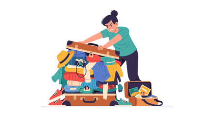 Frustrated person struggling to close overstuffed suitcase for vacation © Anisah