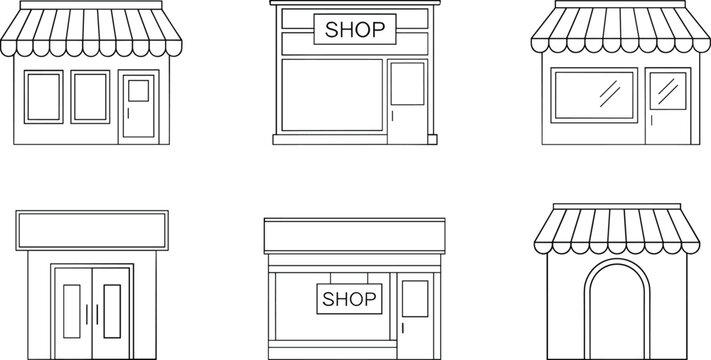 Shop storefront outline icon set vector for retail store facade small business and local market building design