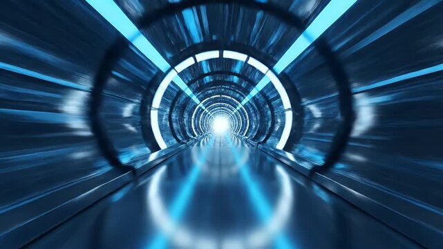 Futuristic blue tunnel with glowing circular lights receding into bright light