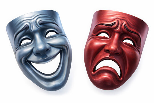 Silver comedy and red tragedy theatre masks on a background drama acting