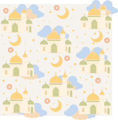 Fototapeta premium Seamless mosque illustration pattern with crescent moons, stars, and clouds in pastel tones