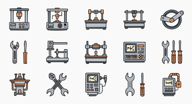 Collection of 3D printing and machinery icons, tools, and equipment displayed in a grid layout, viewed from directly above