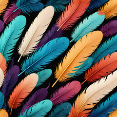 Seamless Pattern of Colorful Feathers on a White Background