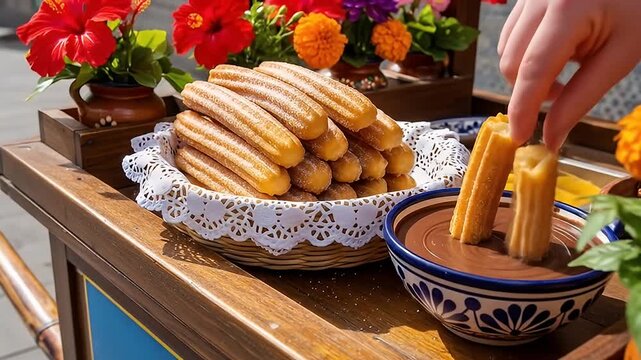 A churro stand with fried dough, powdered sugar, flowers, and chocolate dipping sauce