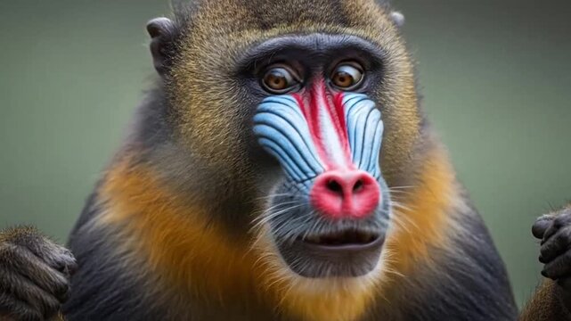 Close-up portrait of a colorful adult mandrill monkey in its natural habitat, intense gaze.
