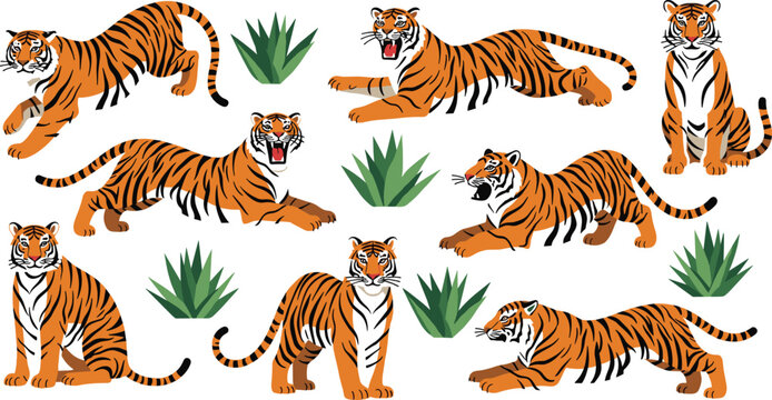 Cartoon tiger illustration set with multiple dynamic poses including walking sitting jumping and roaring characters with jungle plants for wildlife themed design projects