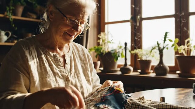 Elderly woman with glasses smiles sewing a colorful patchwork quilt with needle and thread in a sunlit room with plants