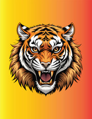 Fierce Tiger Head Illustration with Open Mouth and Sharp Teeth on Vibrant Yellow Orange Gradient Background