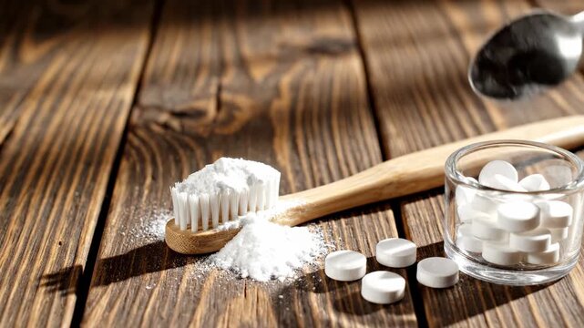 Hand Scooping White Powder Onto Bamboo Toothbrush With White Tablets In Glass Jar On Wood Background