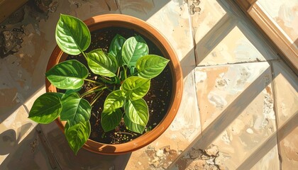 Fototapeta premium Overhead shot of a potted houseplant with lush green leaves, on a sunlit tiled surface