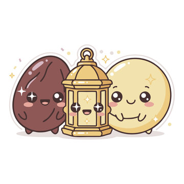 ​Cute Ramadan Kareem Illustration with Kawaii Dates and Lantern Character for Iftar Greeting Card