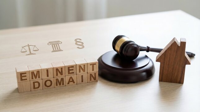 Wooden blocks spelling 'Eminent Domain' with gavel and miniature house on desk