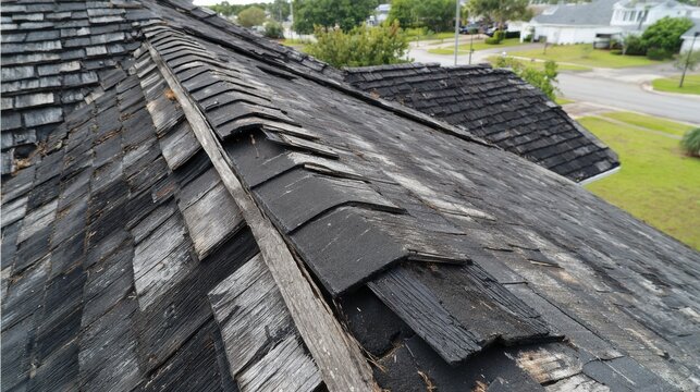 Missing Shingle Tab on Roof Revealing Underlayment at a Residential Location During Daylight Hours