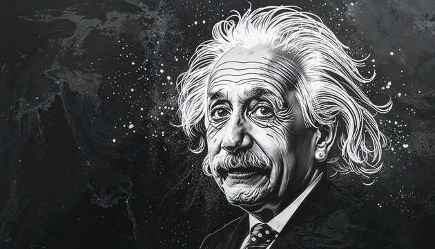 Generative AI artistic black and white portrait of a senior scientist genius with cosmic background