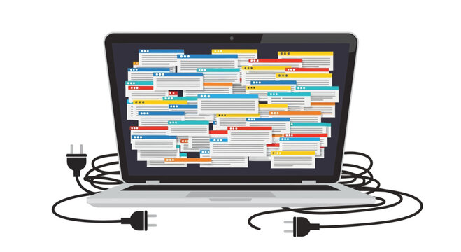 Overwhelmed Laptop Screen with Many Notifications and Plugs