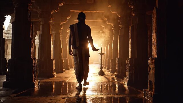 Priest Walking in Ancient Temple with Traditional Lamp