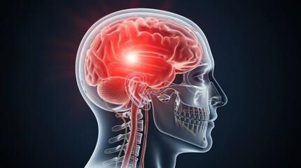 A detailed digital illustration of a transparent human head highlighting the brain with a bright red area indicating brain activity or focus.