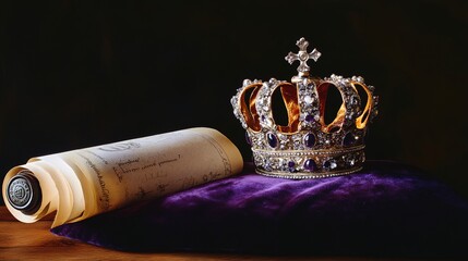 decree. A single ornate crown resting on a velvet cushion beside a sealed scroll. event programs, museum guides, designed for cultural heritage projects and event programs.