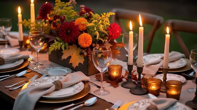 A warm autumnal table setting with candles and a floral centerpiece, elegantly arranged